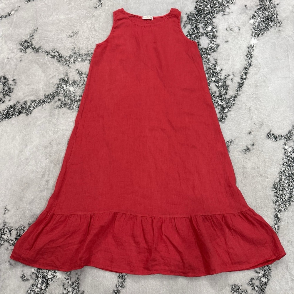Terzo Millennio Dress Womens Size M Red 100% Linen Maxi Ruffle Hem Made Italy